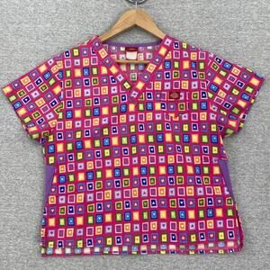 Dickies Scrub Top Womens Large Pink Box Hearts Logo Pocket V Neck Tunic